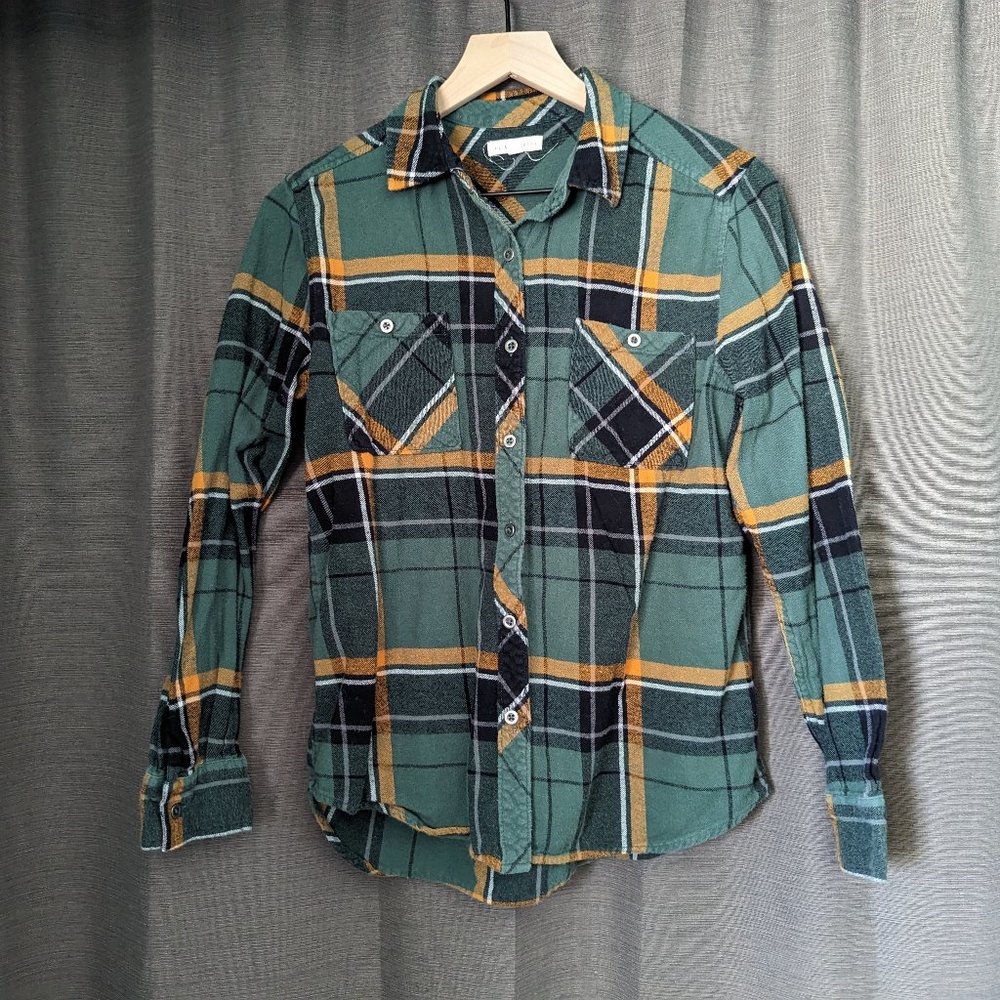 Women's L.A. Hearts Size M Green/Yellow/White Plaid Flannel Shirt